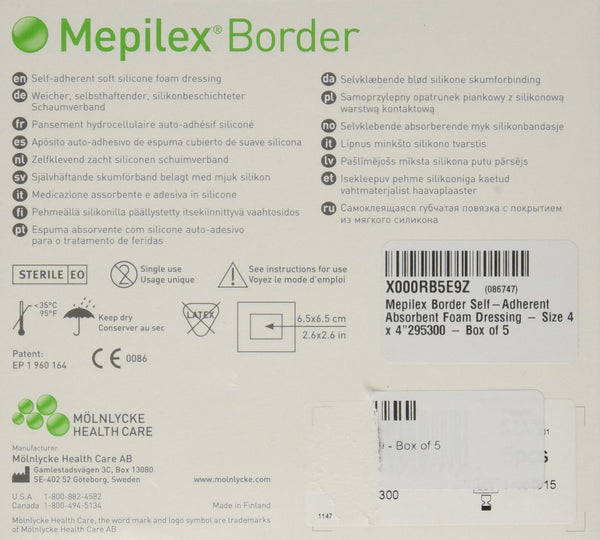 Molnlycke 295300 Mepilex Border Adhesive Foam Dressings 4x4 (10x10cm), BX/5