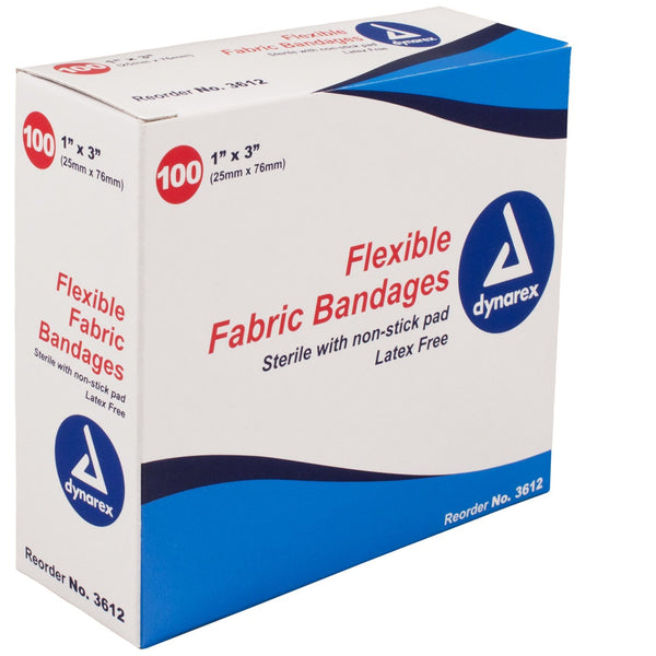 Dynarex 3612 Adhesive Fabric Bandage, 1x3, Sterile, 300 (3 boxes of 100)